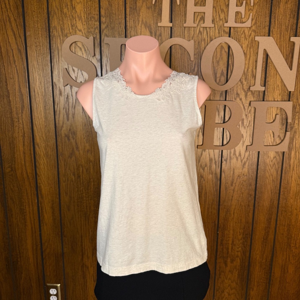 StudioCup Tank Top Womens Large Beige Lace Trim Cotton Boho Cottagecore Peasant